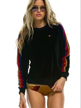 Aviator Nation Black Velvet Crew with Rainbow Sleeve Stripes